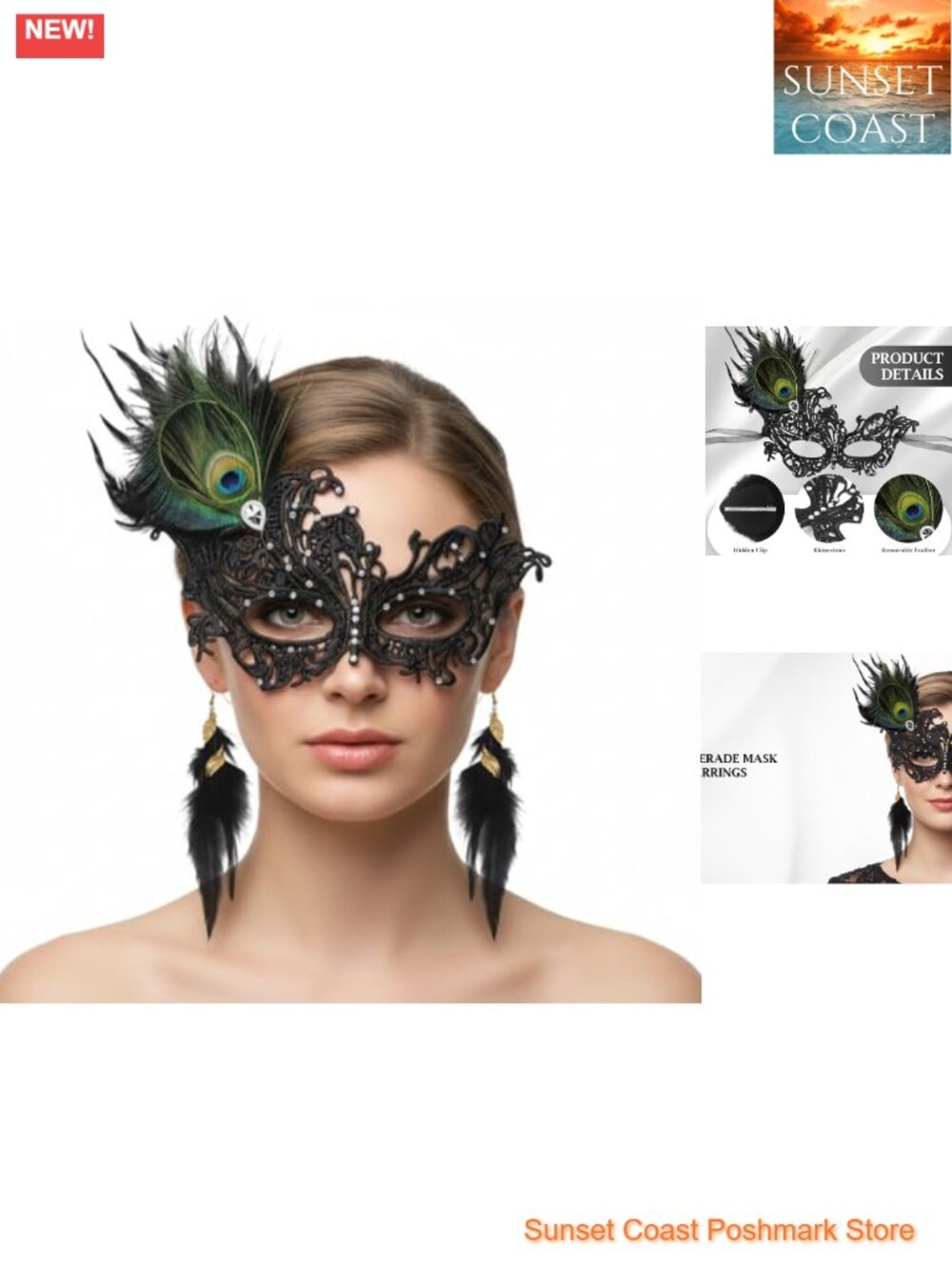 Peacock Feather Lace Masquerade Mask with Earrings Mardi Gras Costume Party